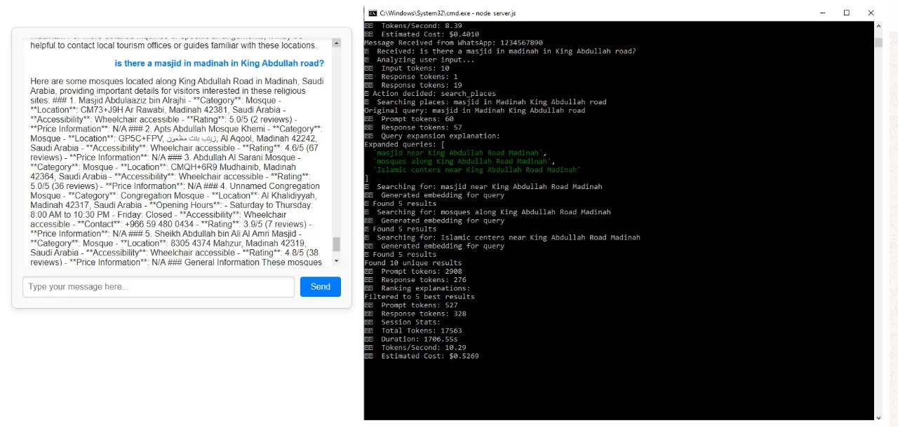 The tour guide answering a question about mosques on a named road, beside the server log showing the query expanded into three searches, each embedded and retrieved, then filtered to the best results.