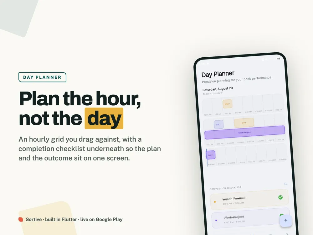 The day planner: an hourly grid with coloured blocks for scheduled work, and a completion checklist beneath it.