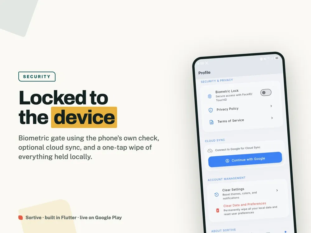 The security settings: a biometric lock toggle, cloud sync through a Google account, and controls to clear settings or wipe local data.