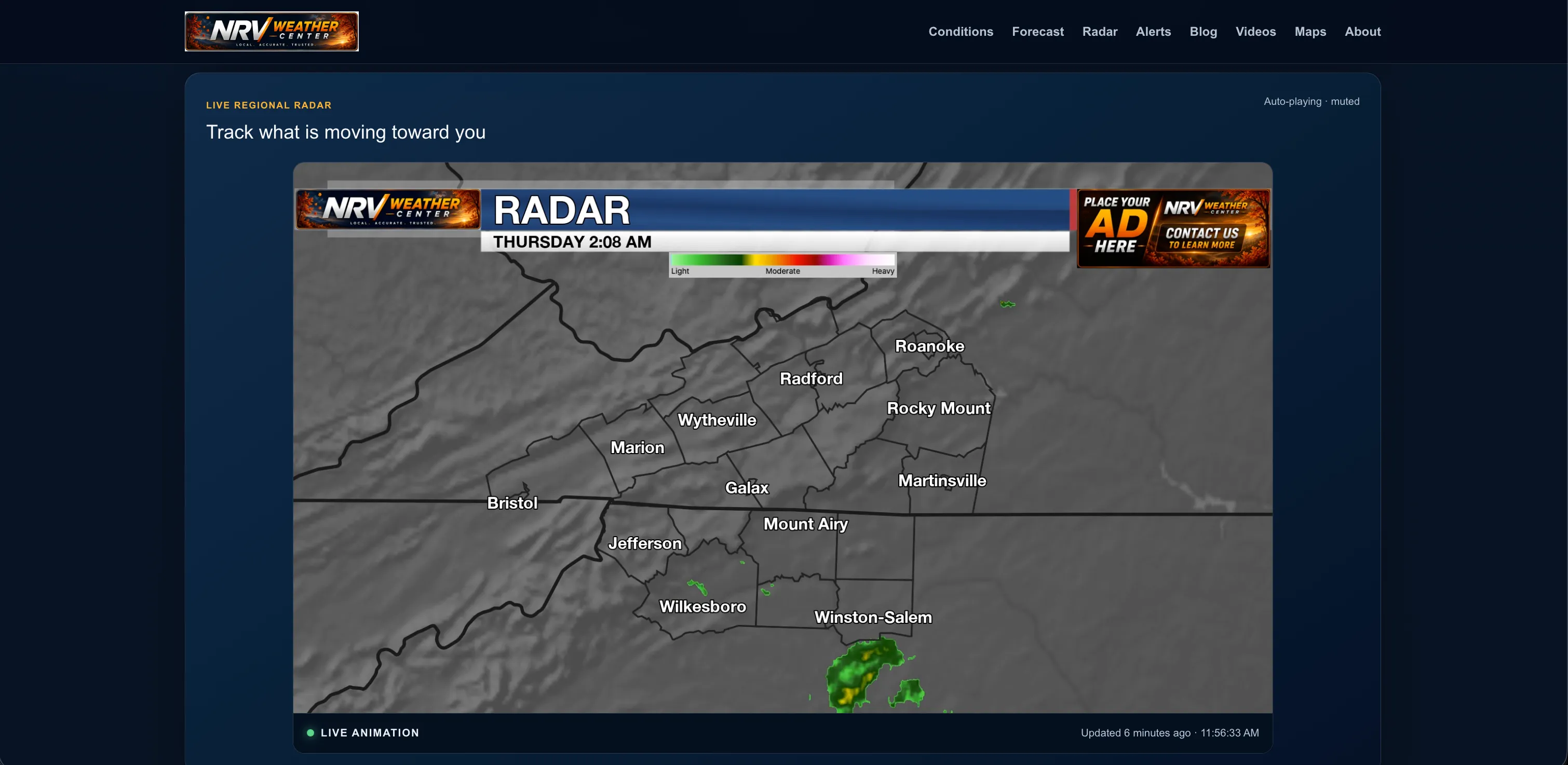 The weather operator's site showing a live regional radar animation. The site is the client's own; the system described here generates the graphics and slideshows that run on it.